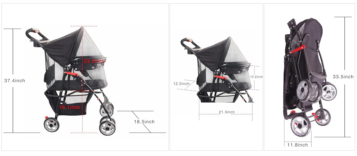 Detalle de FOURPAW Vollfenster Haustier-Kinderwagen mit Schloss, 4 Räder und Aufbewahrungskorb (5,4 kg)