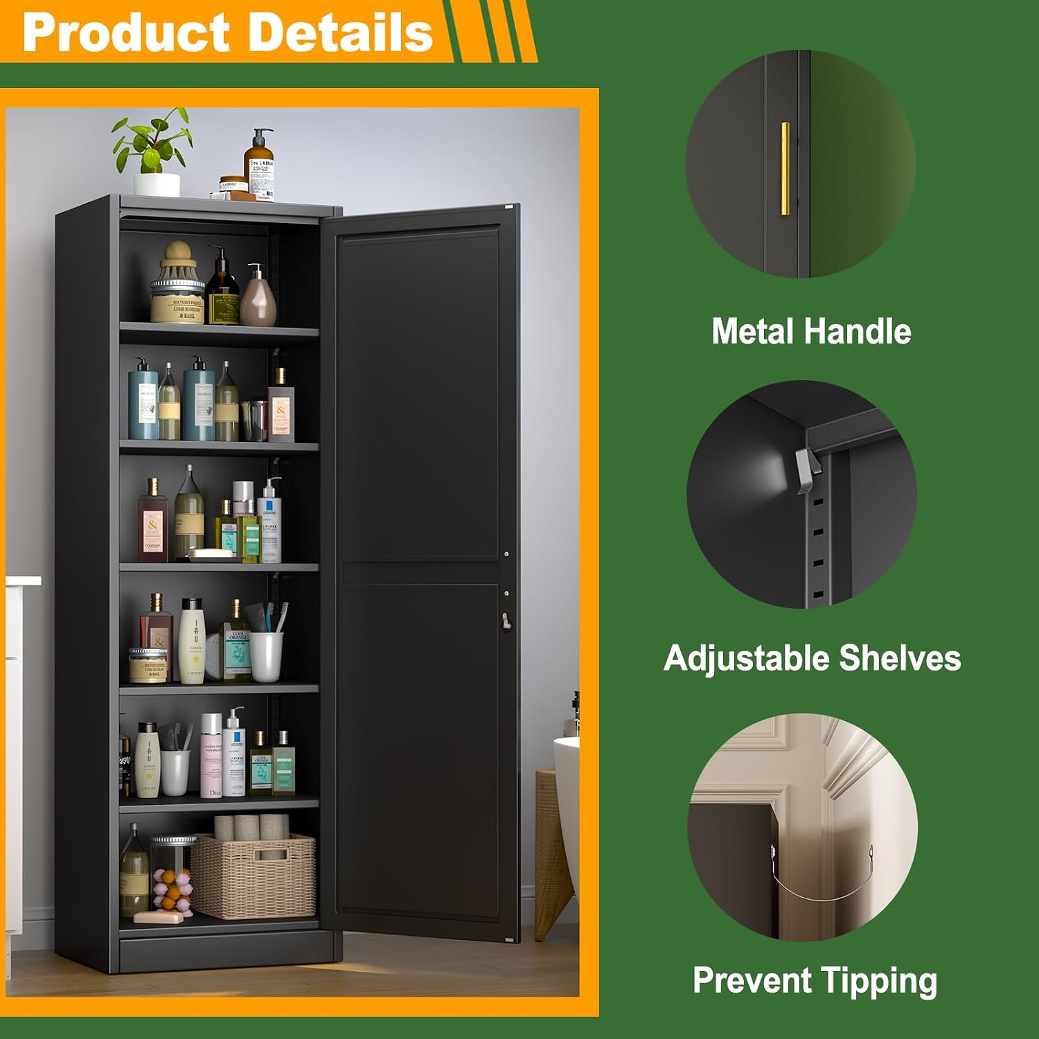 Detalle 2 de Ckzbx Metal Locker Cabinet, 67-Inch Tall, Black, with Adjustable Shelves