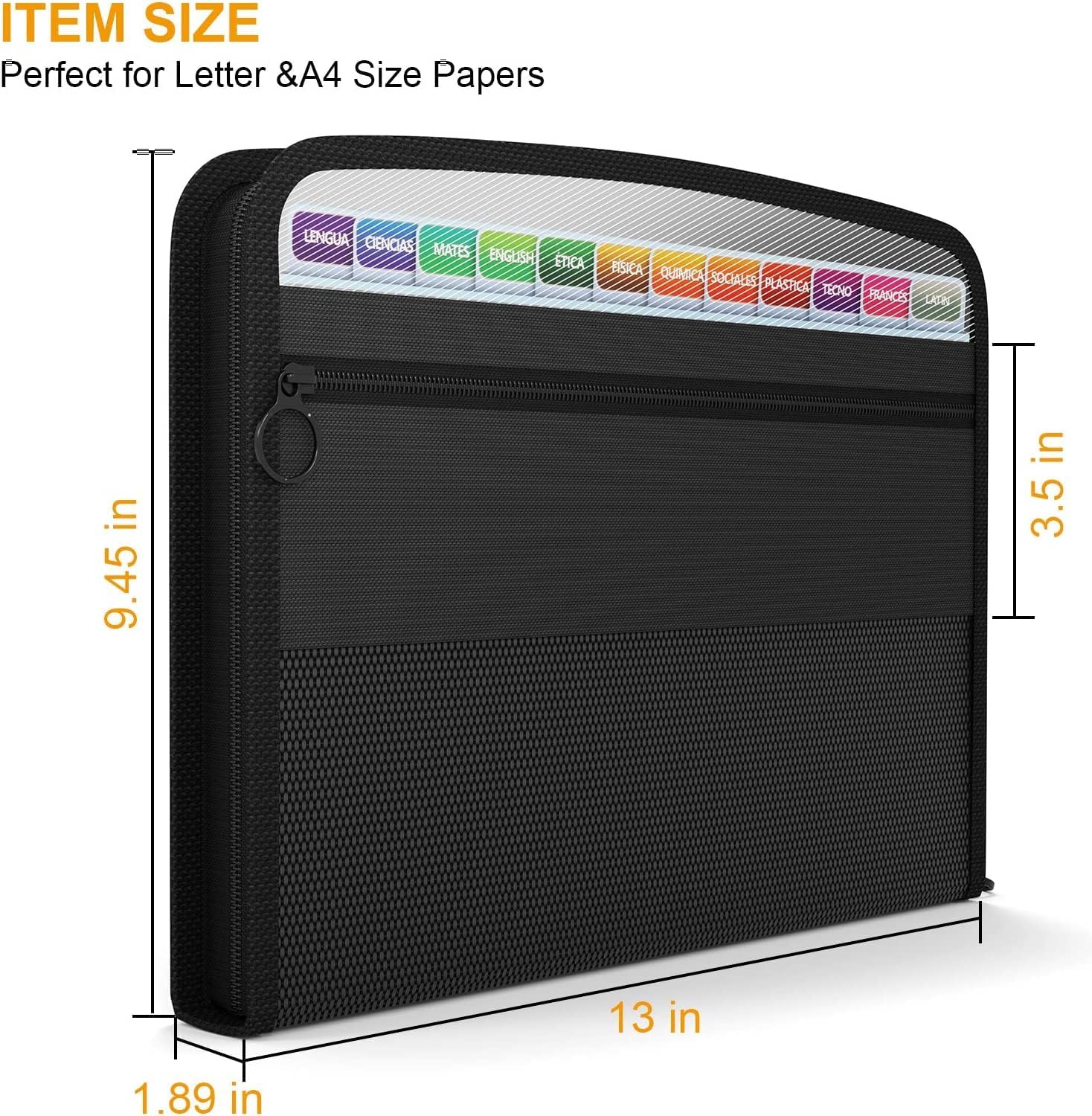 Thumbnail 3 de ABC life Expanding File Organiser with Mesh Bag & Zipper Closure (A4, 13 pockets) – Rainbow accordion folder, black