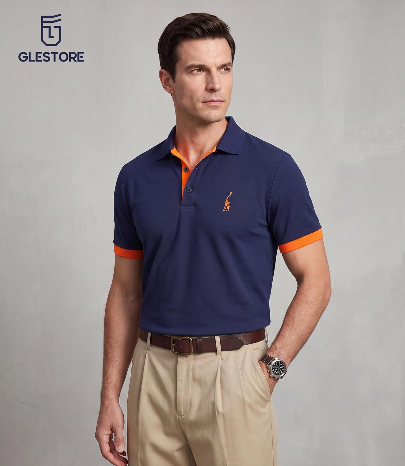 Detalle de GLESTORE Poloshirt Herren – Kurzarm, Giraffe Stickerei, vielseitiges Polo-Hemd aus Baumwolle