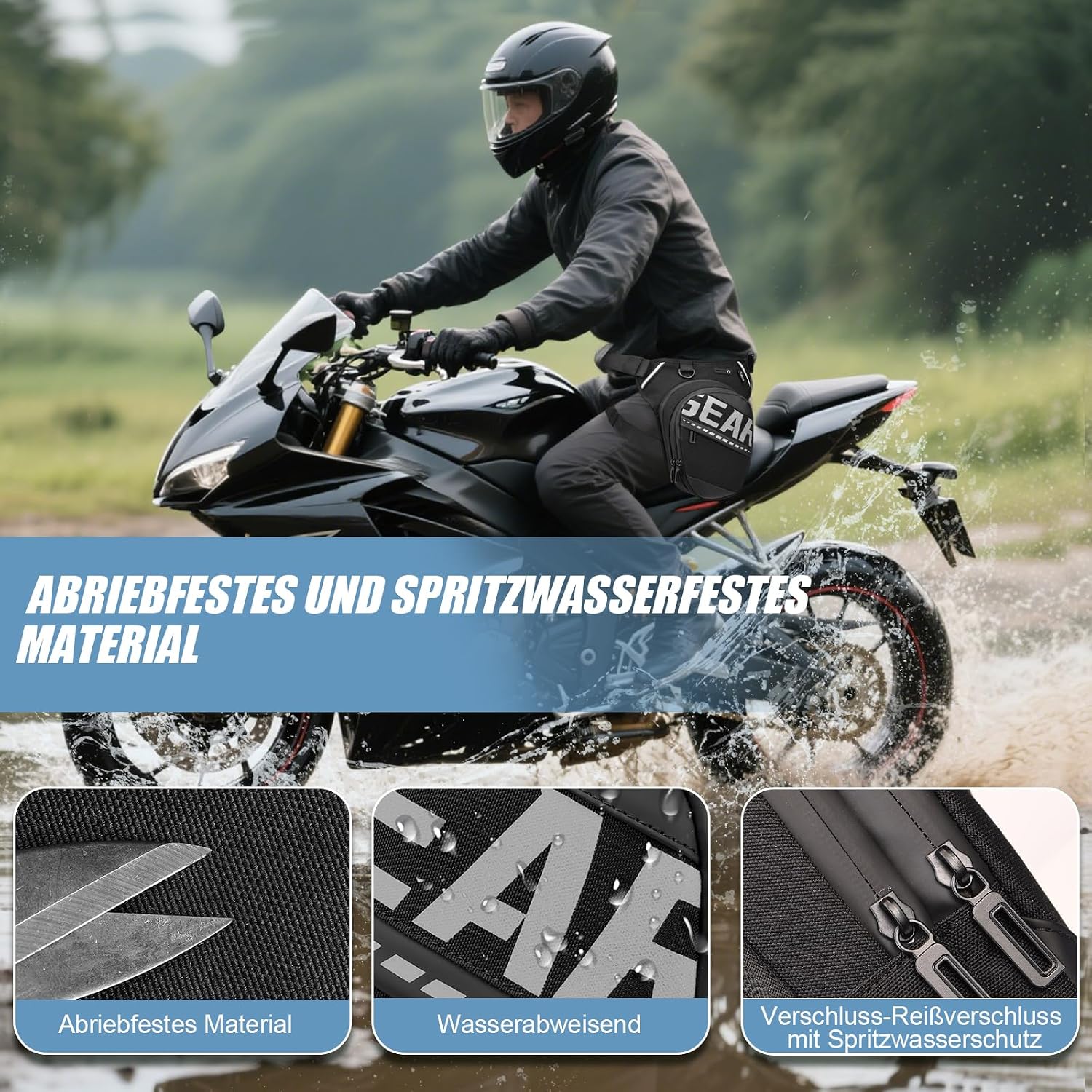 Thumbnail 3 de Eshow Beintasche Motorrad – Erweiterbare Oberschenkeltasche, verstellbarer Beinriemen, Reflexstreifen, 3 Taschen, Schwarz