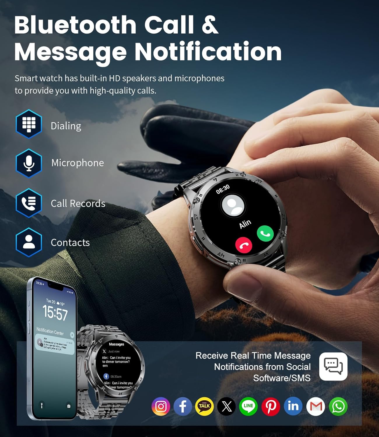 Thumbnail 2 de CHOOSETIME Montre Connectée Homme - Écran AMOLED 1,43", Appels Bluetooth, 110+ Modes Sportifs, Lampe Torche et Suivi Santé IP68