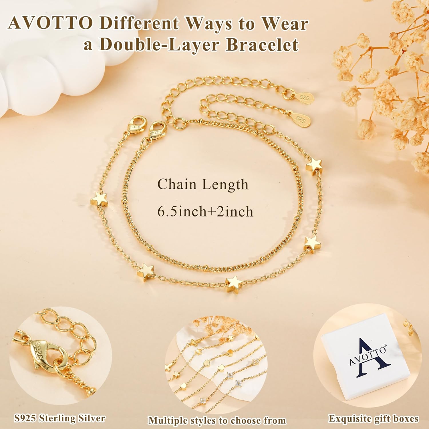 Thumbnail 3 de Avotto 925 Silber Armband für Damen & Mädchen – lagenarmband, verstellbar, hypoallergen
