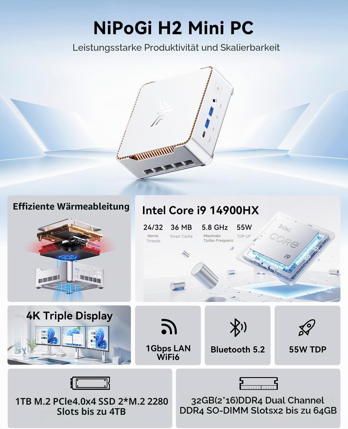 Detalle 2 de NiPoGi Hyper H2 Mini PC mit Intel Core i9-14900HX – kompakte High-End-Leistung