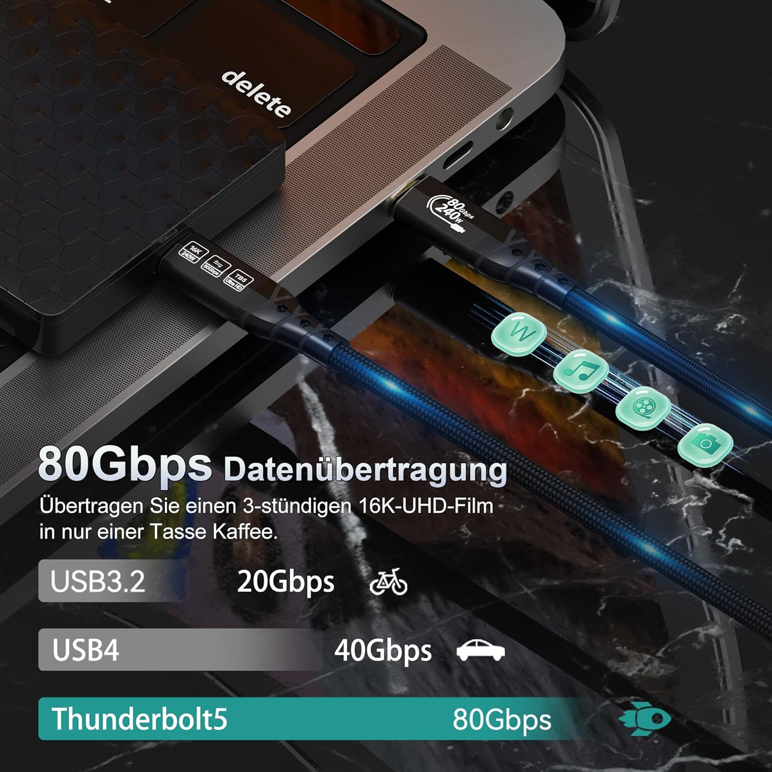 Thumbnail 2 de ZIKNYDO Thunderbolt 5/USB4 2.0 Kabel mit 80 Gbps (1 m) und PD3.1 bis 240 W