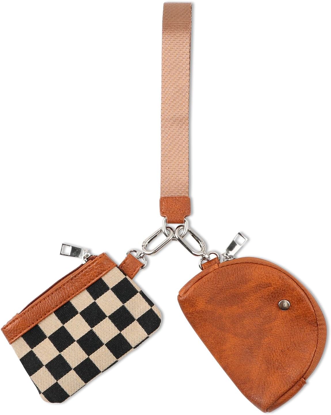 Mini Wristlet Geldbörse mit abnehmbarem Armband (Canvas) – braun/beige Hahnentritt, für Damen & Herren