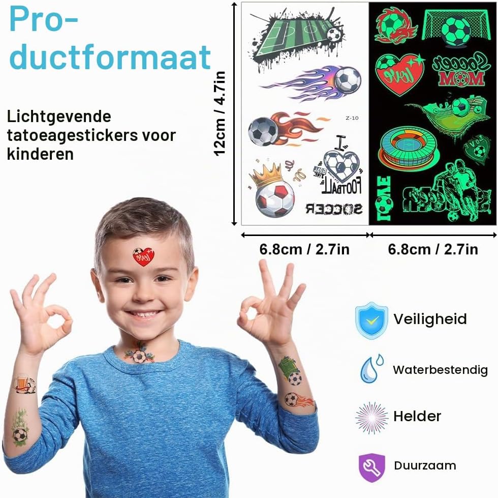 Thumbnail 1 de Aomig C2-N-A240614-FBA kindertatoeages, 20 voetbalvellen met glow-in-the-dark-effect