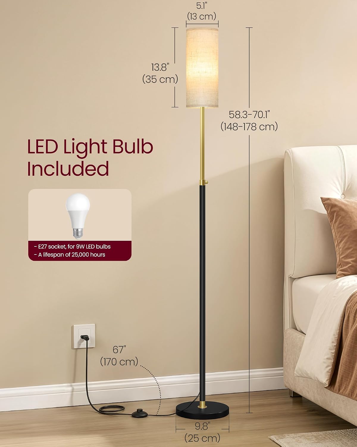 Detalle de VASAGLE LFL022BD03 LED Floor Lamp with Fabric Shade – 3 Colour Temperatures, 9W, UKCA Certified