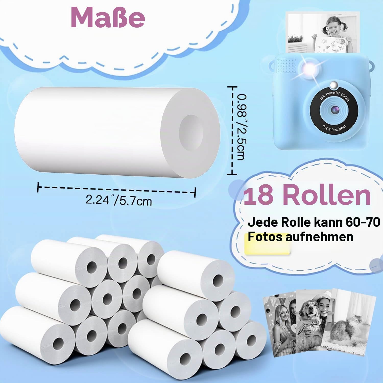 Detalle 2 de QUASON 18 Rollen Kinderkamera-Papierrolle – BPA-freies Thermodruckpapier für Kinderfotografie