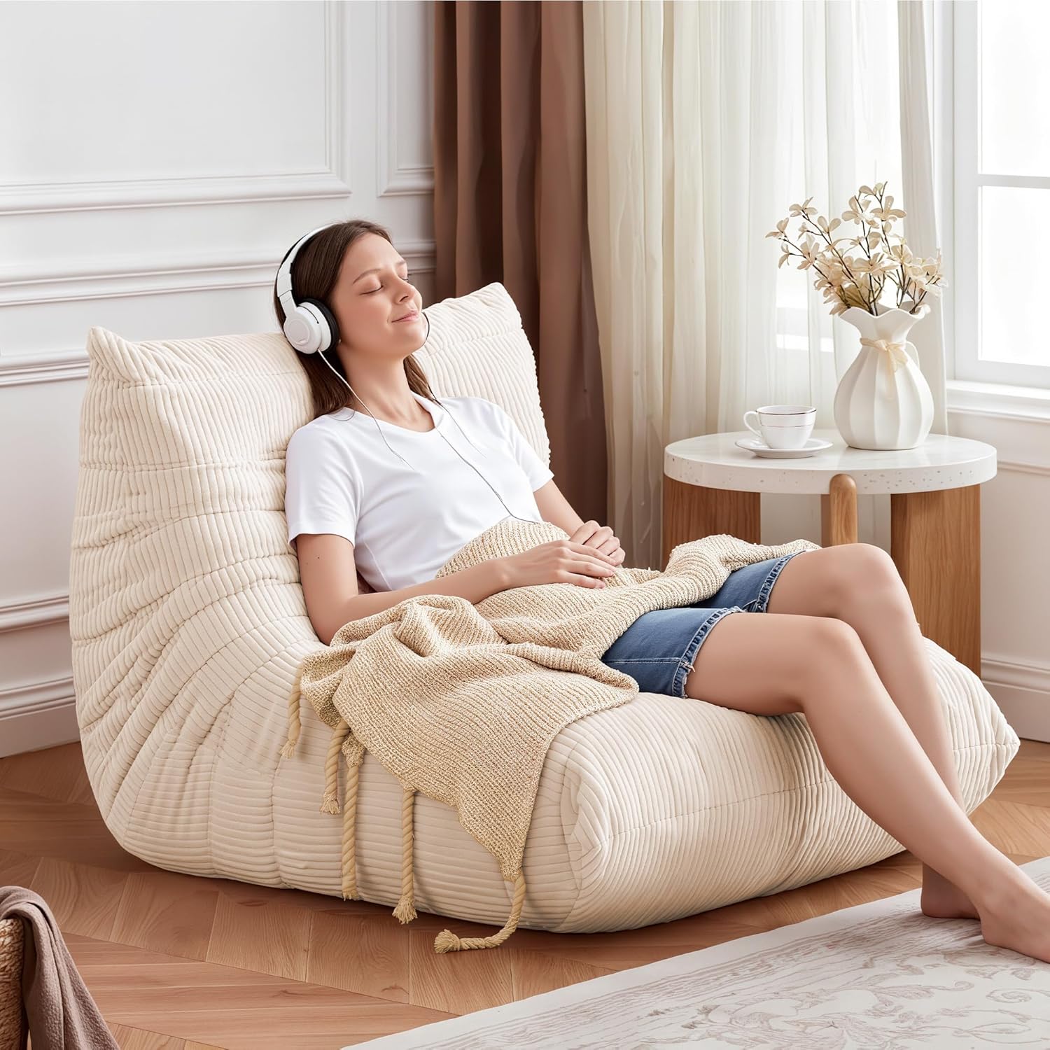 Detalle de ZOOVEE BBC Adult Bean Bag Chair, Oversized Corduroy with Memory Foam, Beige