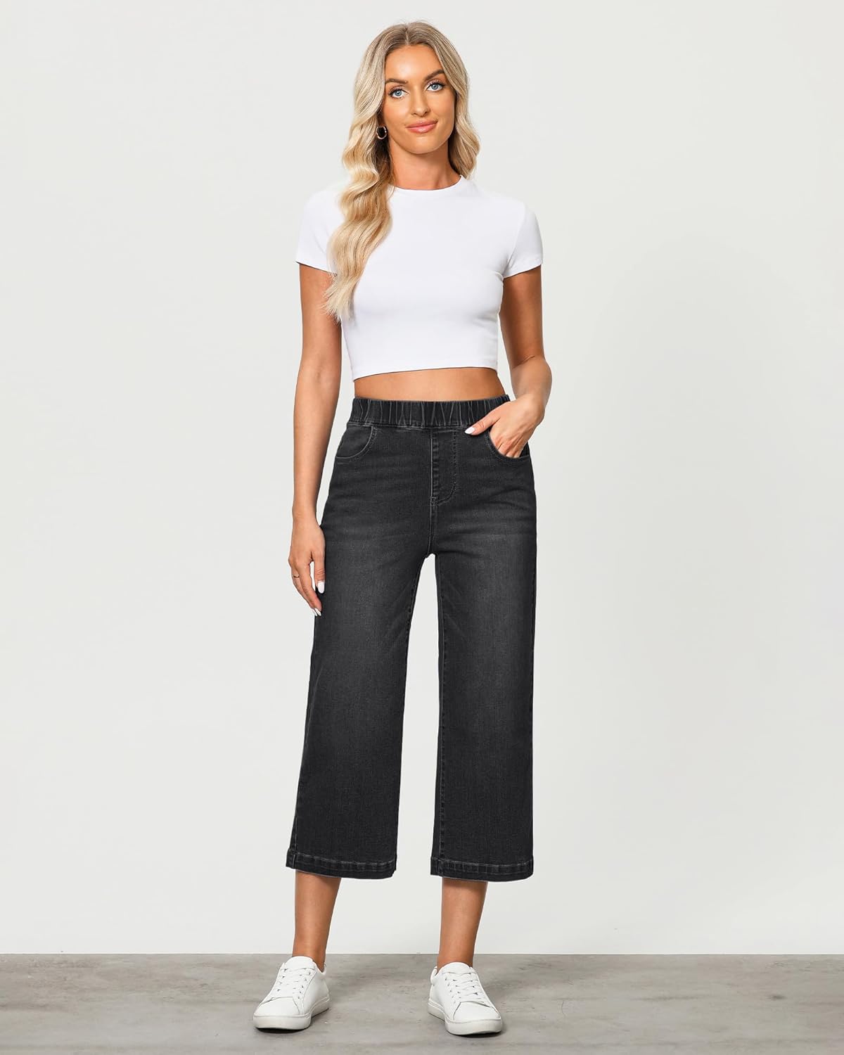 Thumbnail 3 de GRAPENT Capri Jeans for Women Wide-Leg High-Waisted Pull-On Stretch Denim