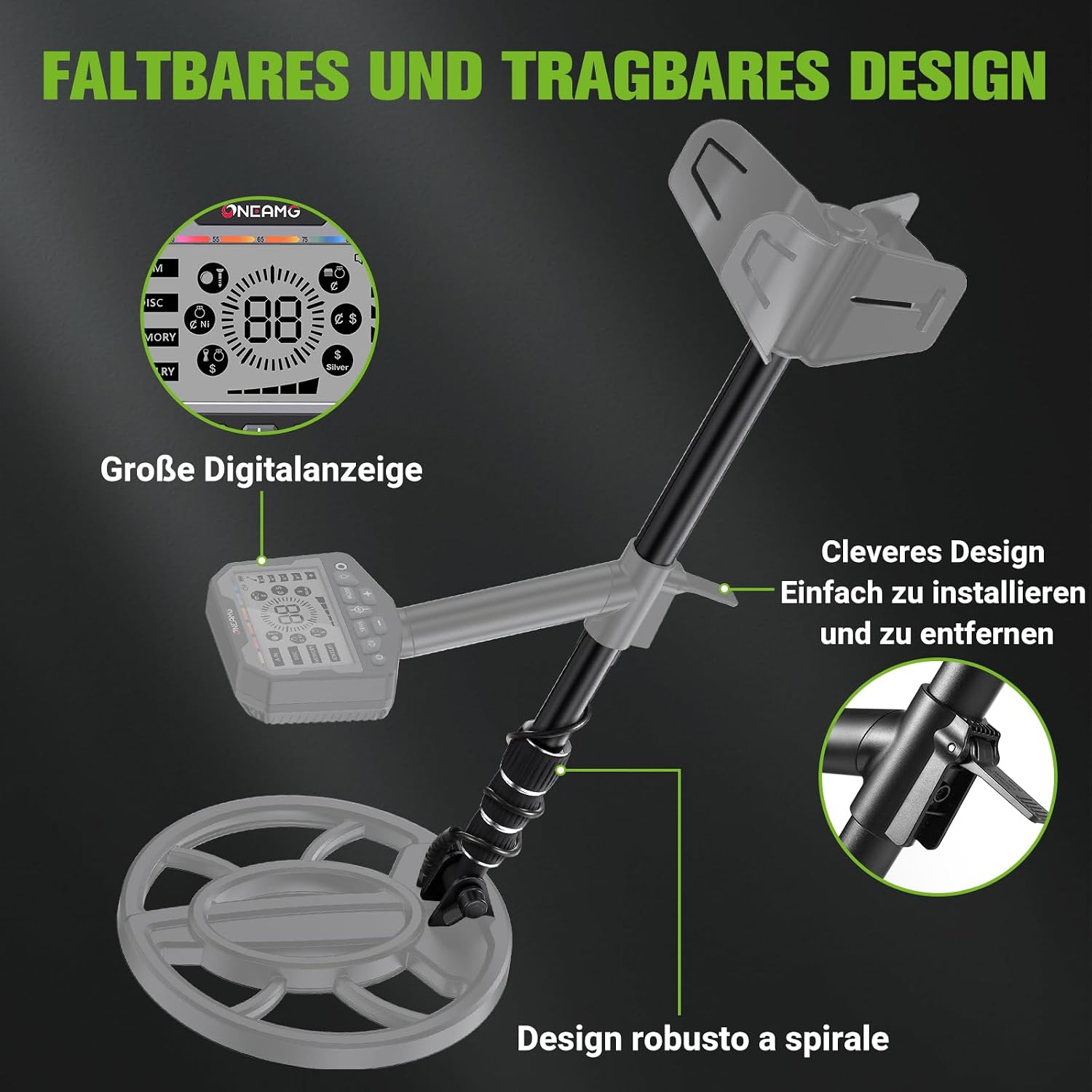 Detalle de OneAmg Metalldetektor Profi – 5 Suchmodi, Pinpointer, IP68 Suchspule inkl. Kopfhörer, Schaufel & Rucksäcke