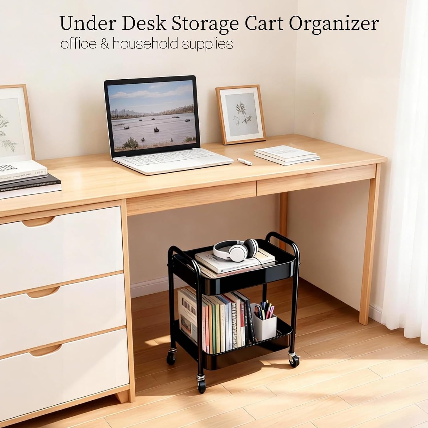 Thumbnail 3 de Ufriandz 2 Tier Storage Cart with Wheels, Metal Under-Desk Organizer