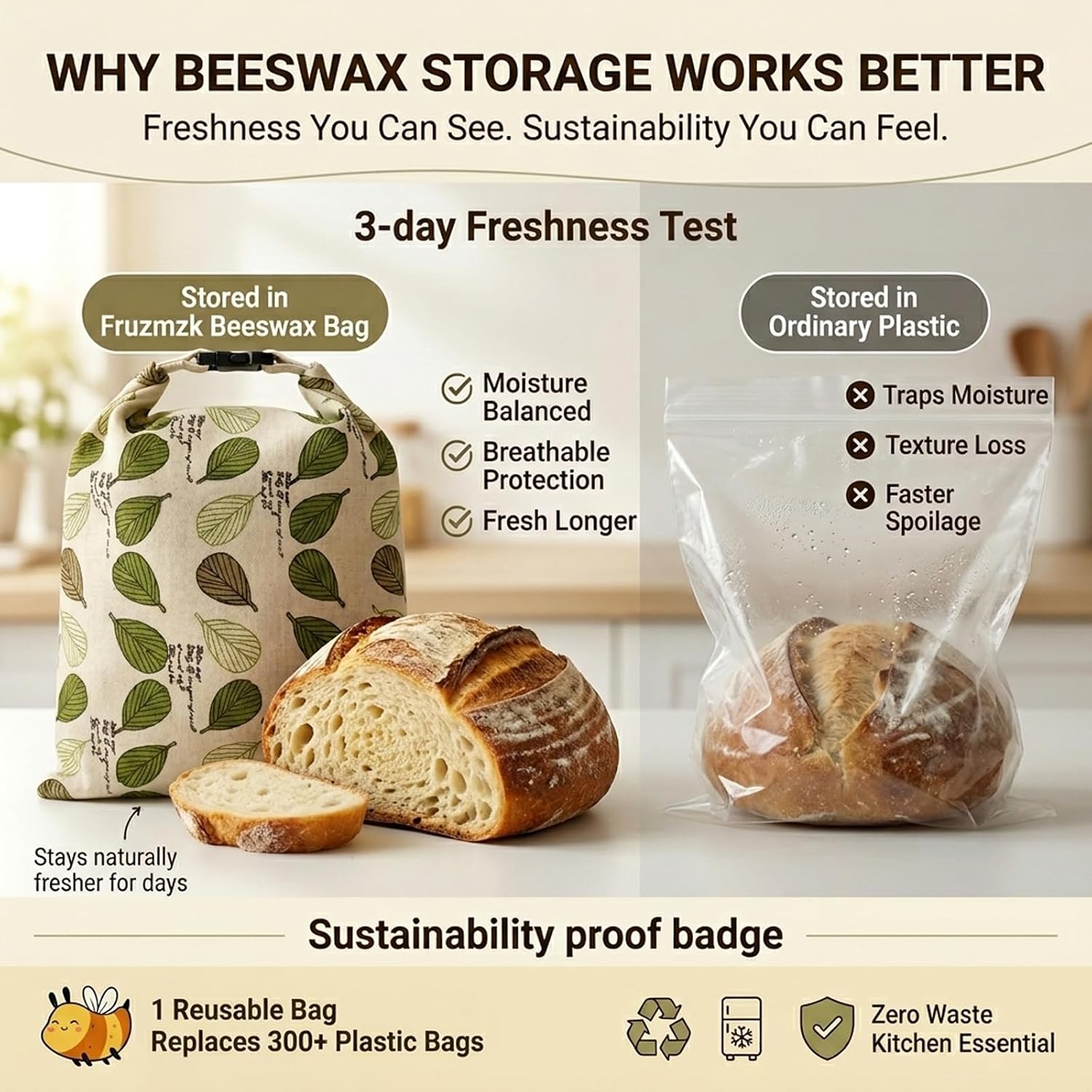 Thumbnail 2 de Fruzmzk Beeswax Bread Bag for Home Bakers (2 Pack) 17"×13" with Natural Beeswax Lining