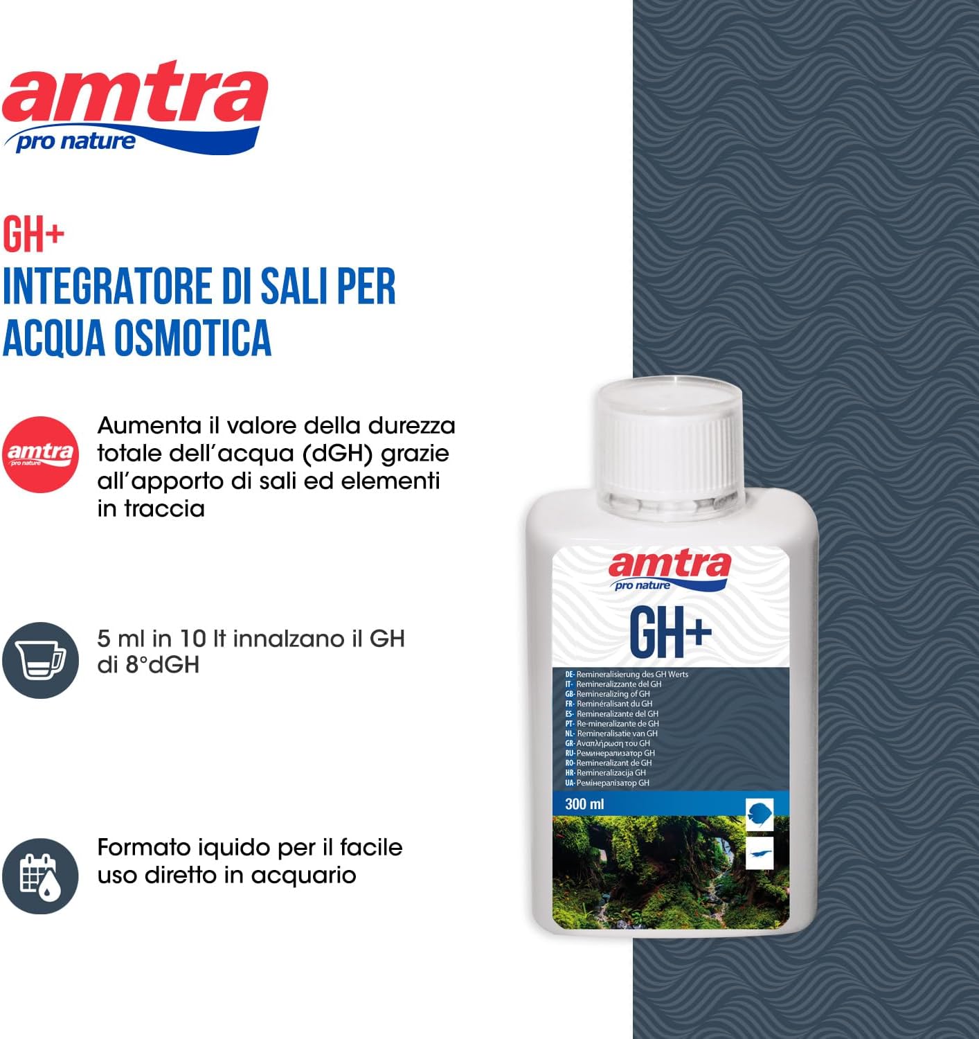 Detalle de Amtra GH +: integratore liquido per reintegrare la durezza dell'acqua d'acquario (dGH) in acqua dolce, 300 ml