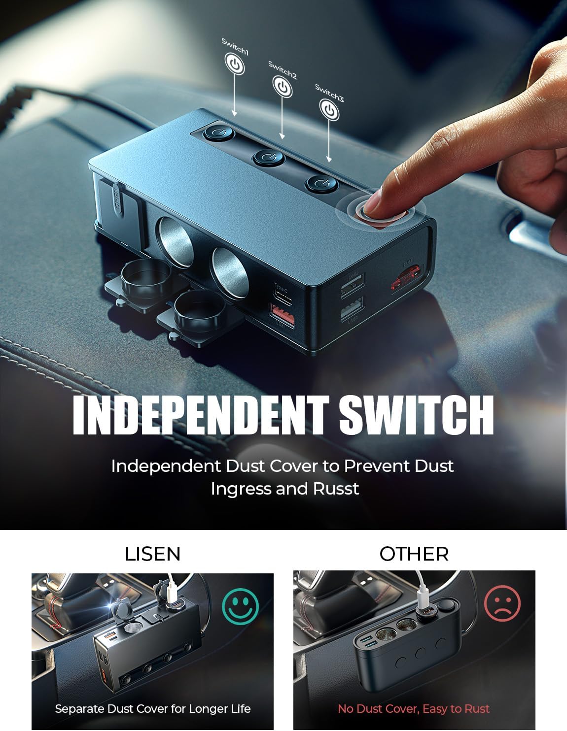 Detalle de LISEN 9 in 1 Car Cigarette Lighter Multi Socket (191W) with USB-C PD 30W and QC 3.0