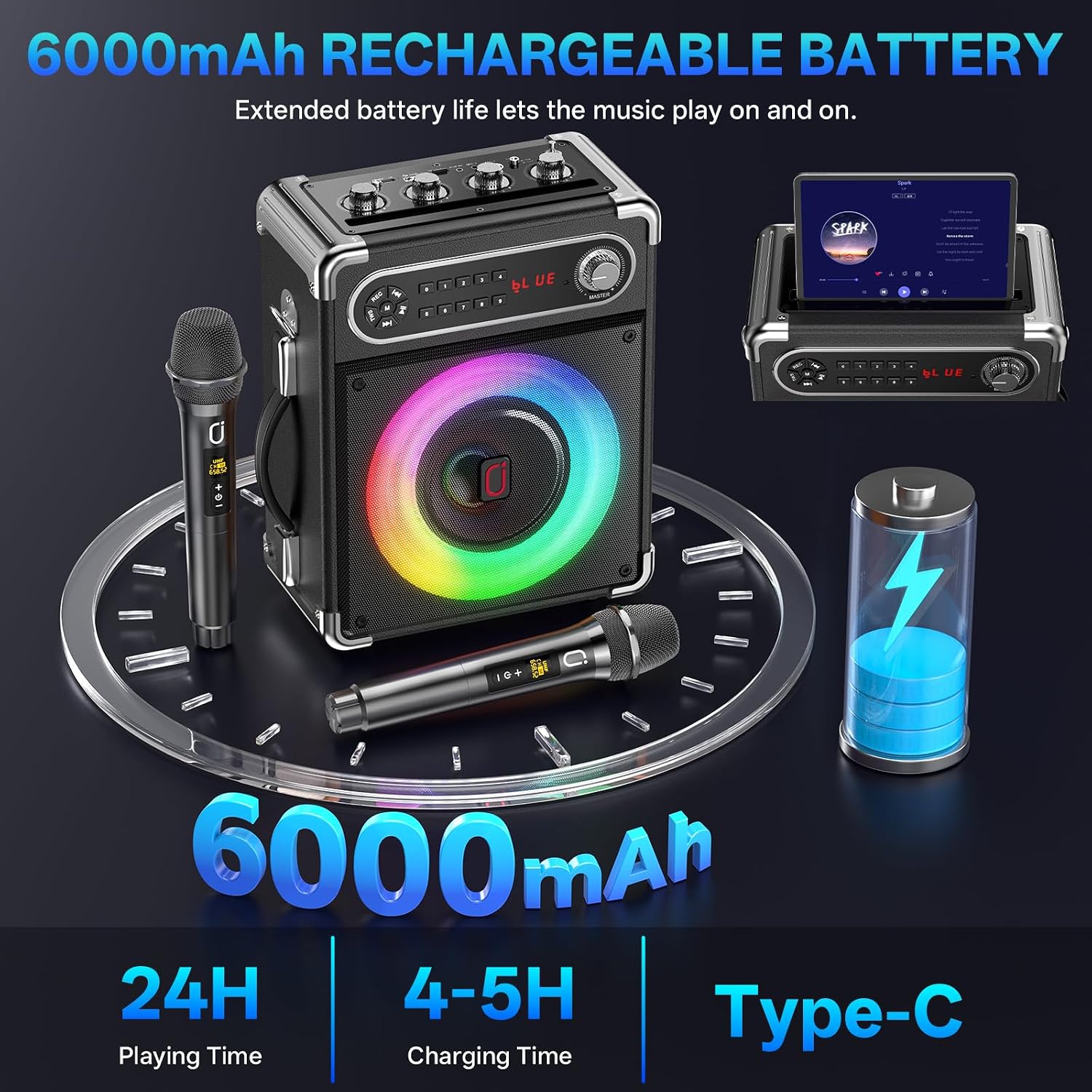 Detalle de JYX 200W Karaoke Machine with 2 Wireless Microphones, TWS & Multi-Input