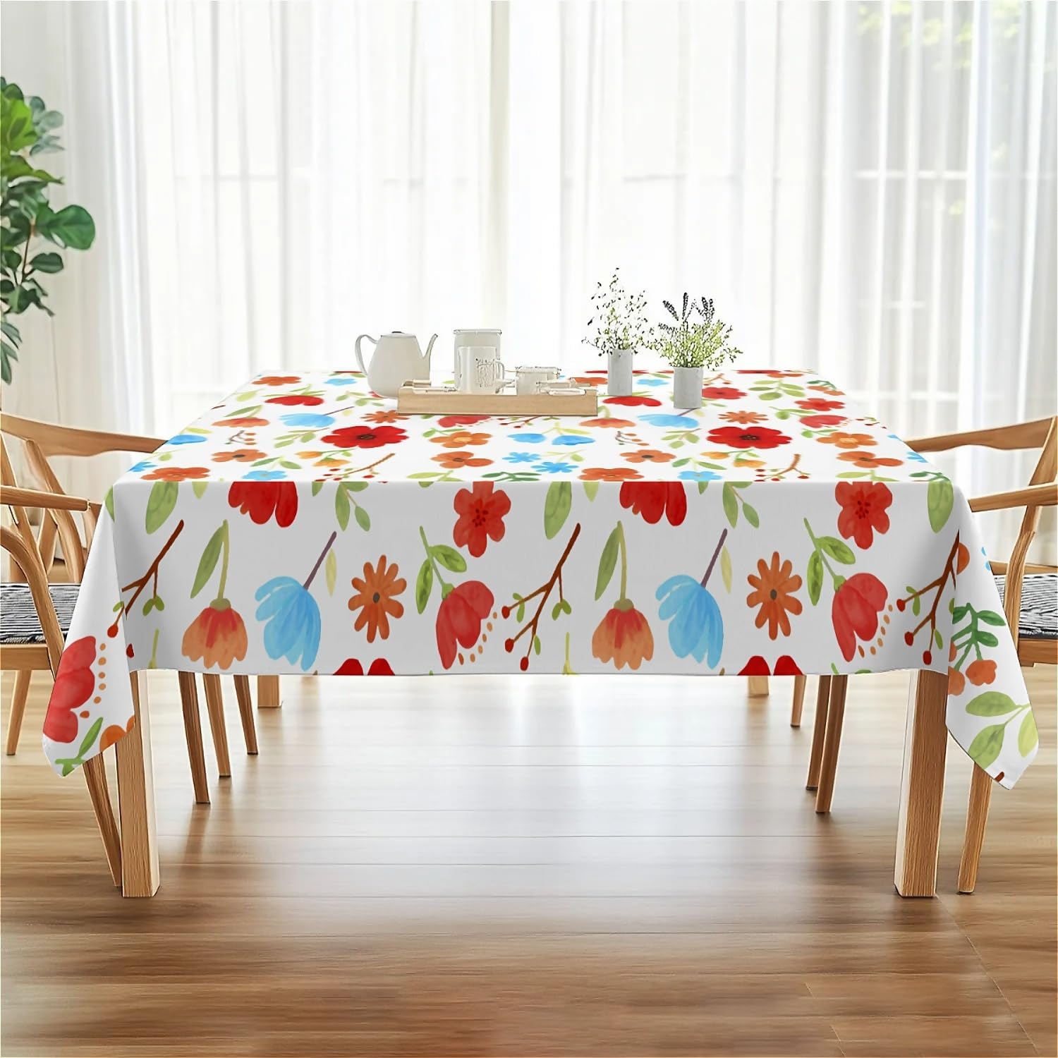 Detalle de artslion Rectangle Waterproof 60x84in Wipeable Table Cover – Non-PVC Fabric with Red and Blue Floral Design