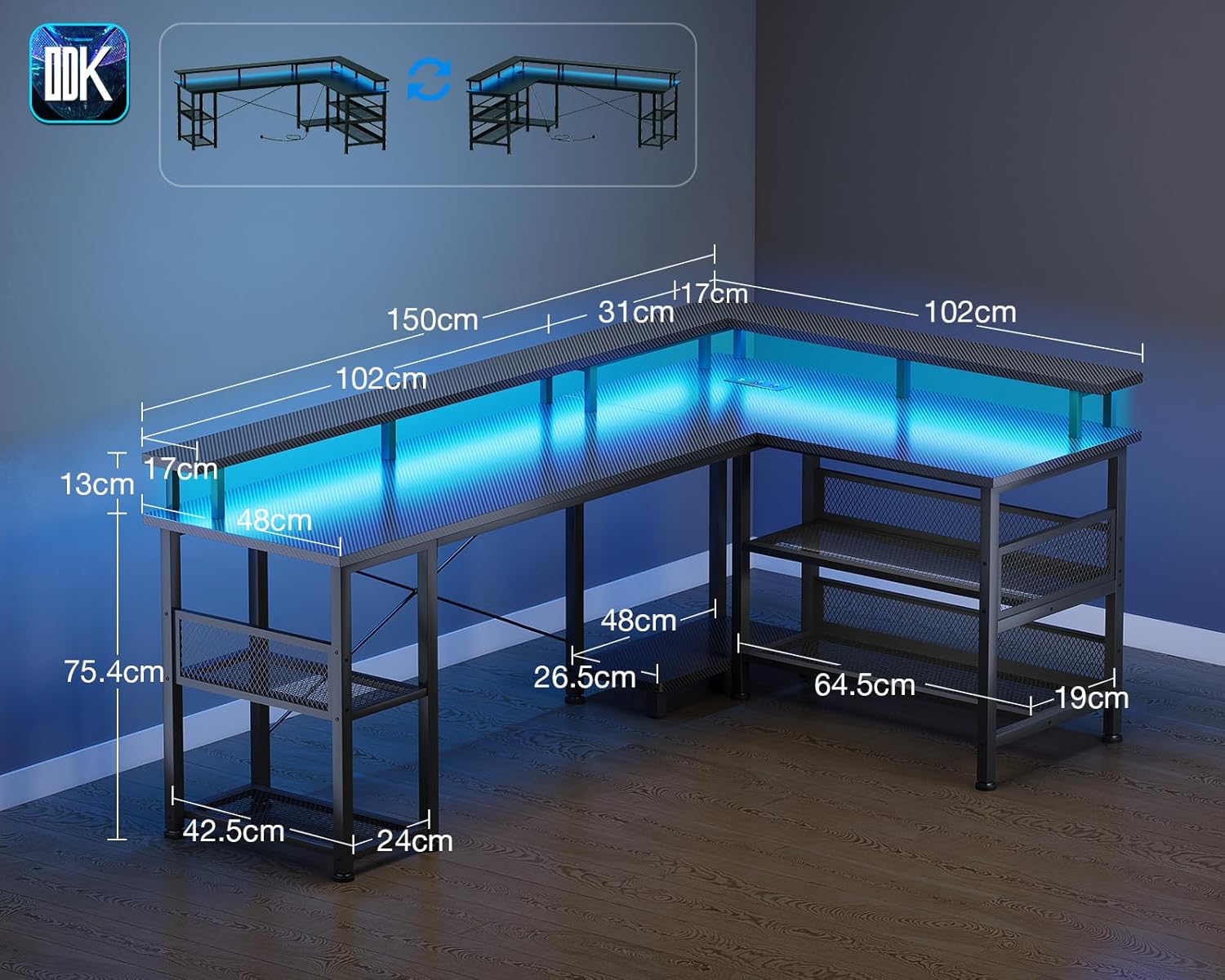 Thumbnail 2 de ODK Gaming Tisch mit LED, 150×102 cm – reversibel mit 2 Steckdosen & 2 USB-Ladeanschlüssen