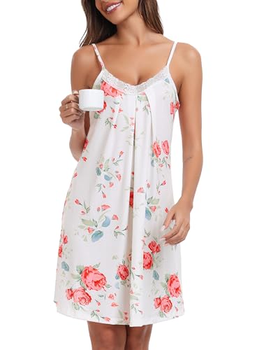 Detalle de Lovasy Camisón de Mujer Verano con Encaje y Tirantes Ajustables – Blanco, tamaño XXL