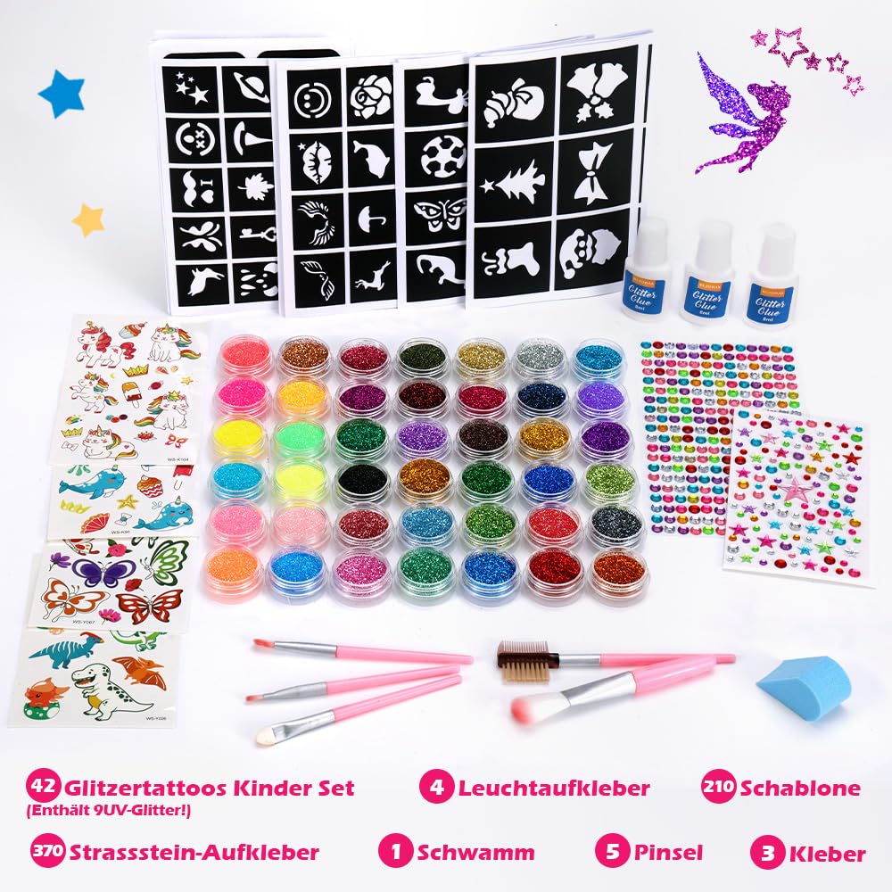 Detalle 2 de Bledras Glitzer Tattoo Set für Kinder – 42 Farben, 210 Schablonen & Strass zum Aufkleben