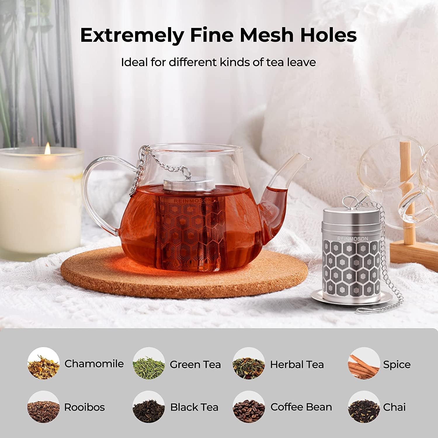 Detalle de Reinmoson 2-Pack Extra Fine Tea Strainers for Loose Tea (304 Stainless Steel, Slim Threaded Lid)