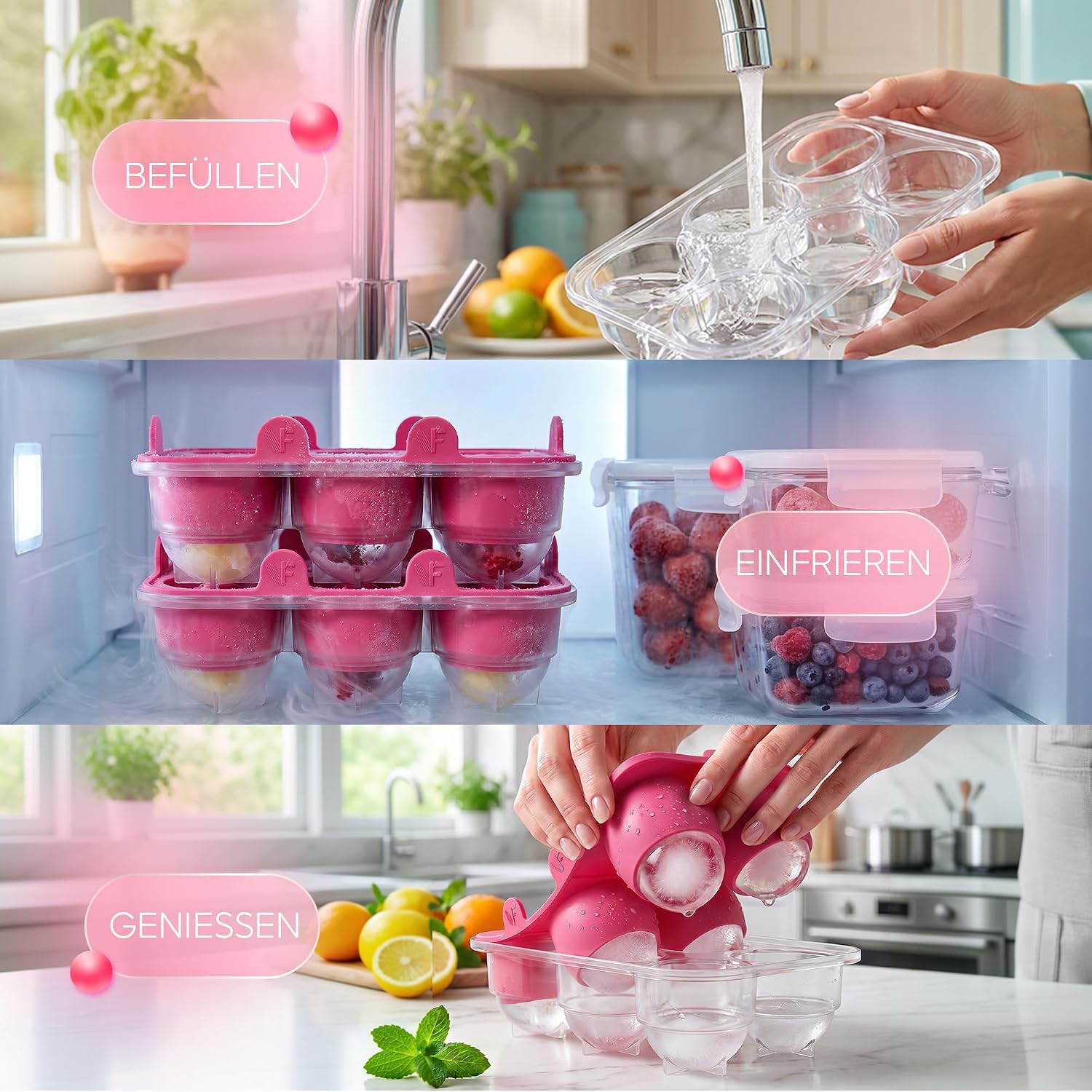 Thumbnail 6 de Neighbour’s Friend® Pink Eiskugelform XL 2er Set – Große Platinsilikon-Eiswürfel für Cocktails, Infused Water und More