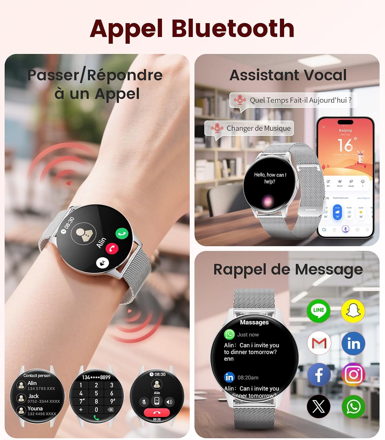 Detalle de LIGE Montre Connectée Femme 1,43" AMOLED (2 bracelets) : sport, appels et étanchéité IP68
