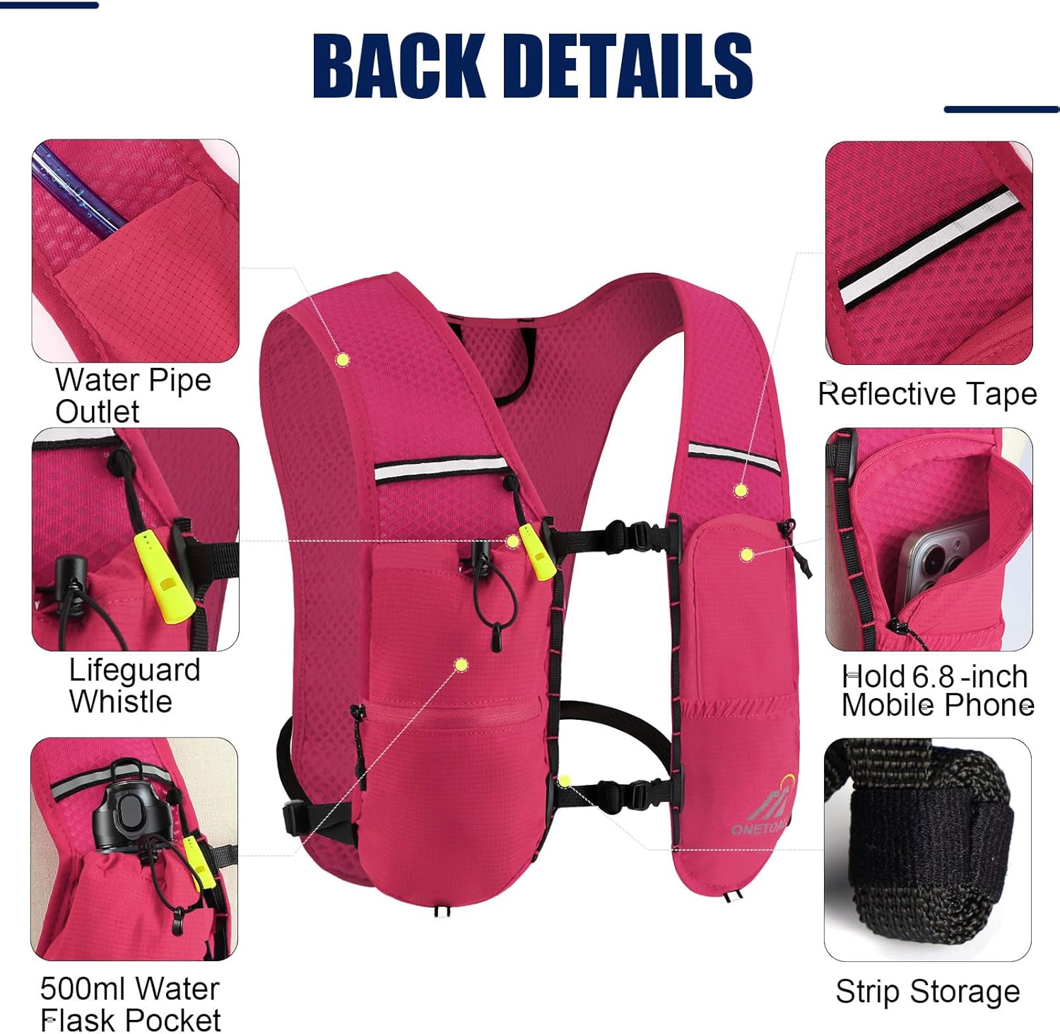 Thumbnail 3 de ONETOALL Running Vest with Detachable Chest Strap and 2L Water Capacity (Reflective, Lightweight 150g)