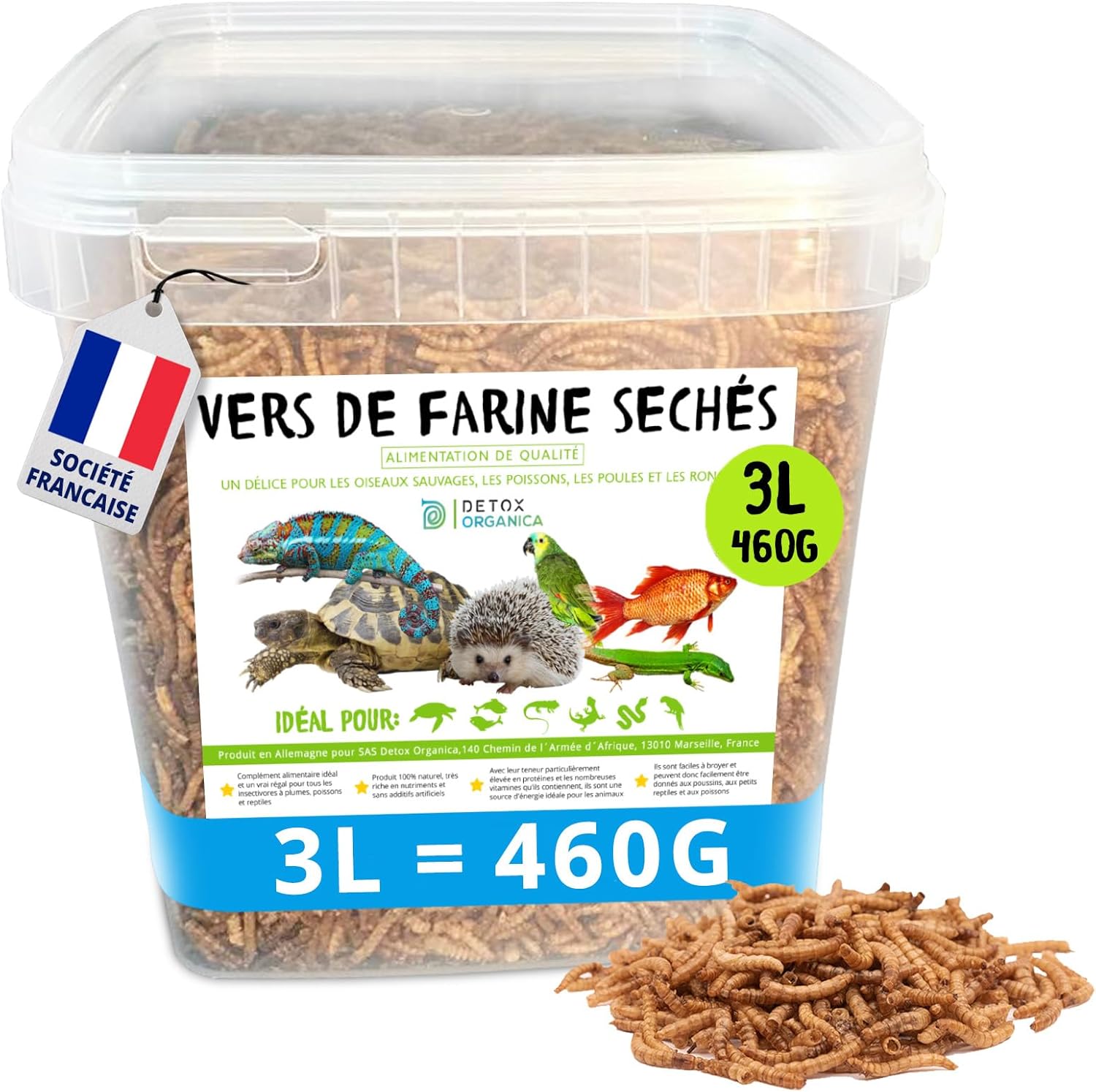 Detalle de Detox Organica-vers de Farine Séchés – 1 kg, friandises protéinées pour oiseaux, poissons, reptiles et petits animaux