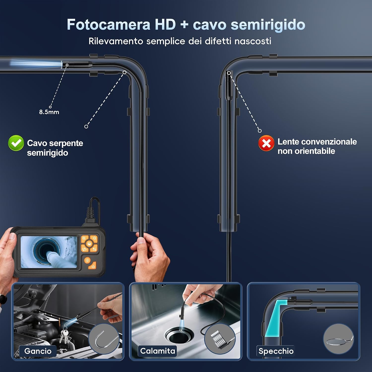 Detalle de Endoscopio Industriale da 15 m con schermo 4.3'' IP67 – Borescope HD 1080P