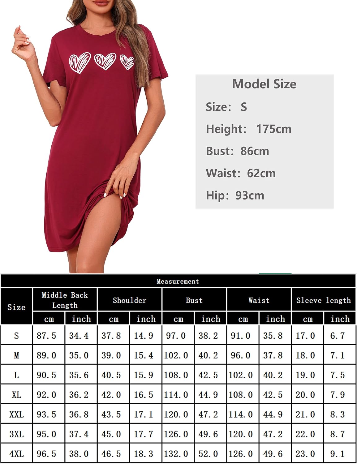 Thumbnail 5 de Marvmys chemise de nuit femme en coton à manches courtes, imprimé cœur (lot deux pièces) S à 4XL