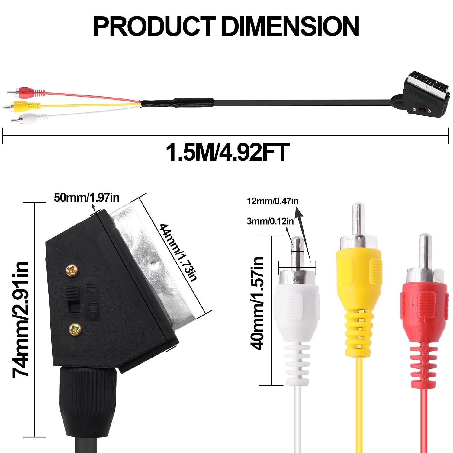 Detalle de YARCHONN SCART to 3 RCA Cable Lead Converter Adapter (2-pack) 1.5m