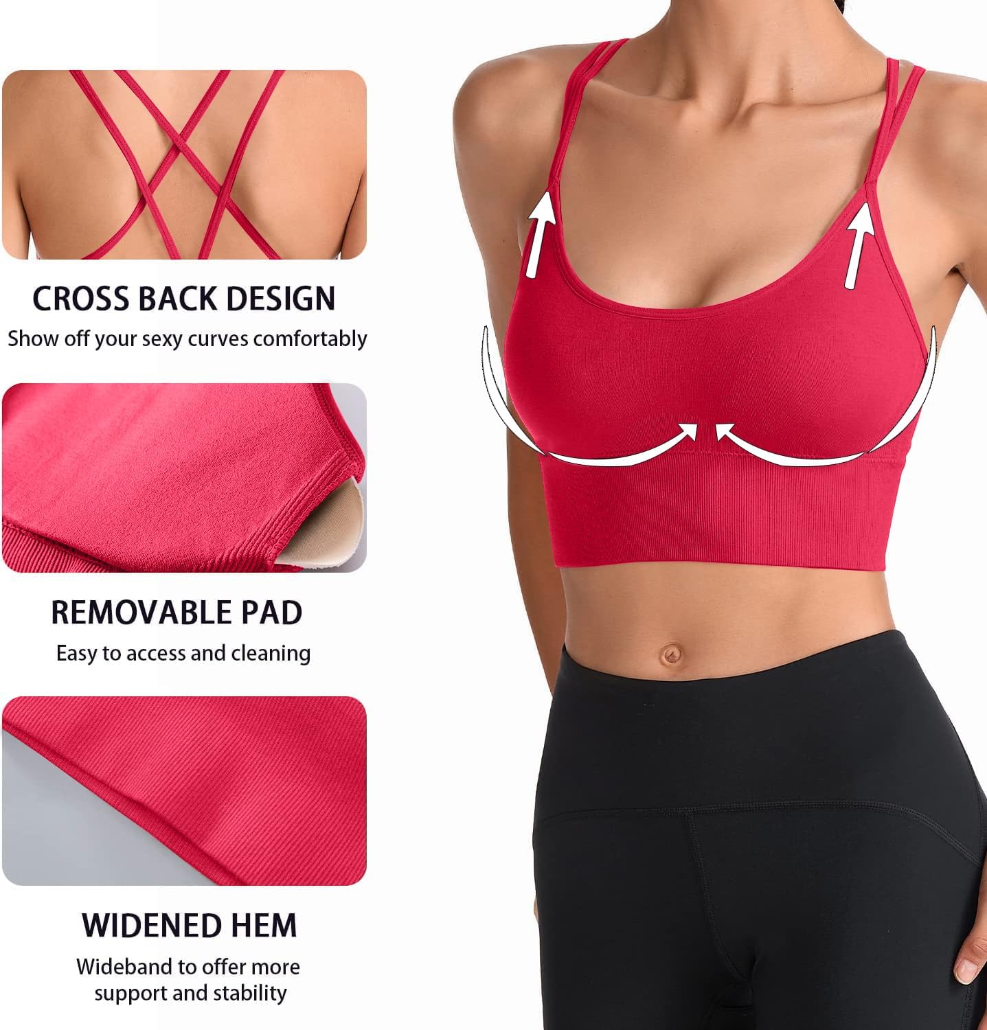 Detalle de HANERDUN Damen Sport-BH Yoga mit Gepolsterten Cups, nahtlos und ohne Bügel (mittelstark) – atmungsaktiv & Crisscross-Back