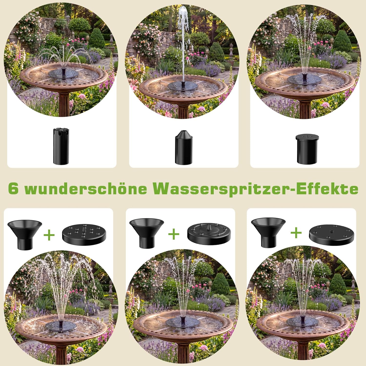 Detalle 2 de AISITIN Solar Springbrunnen für Außen – 2,5 W Solar Teichpumpe mit 6 Fontänenstilen und 4 Stützstangen