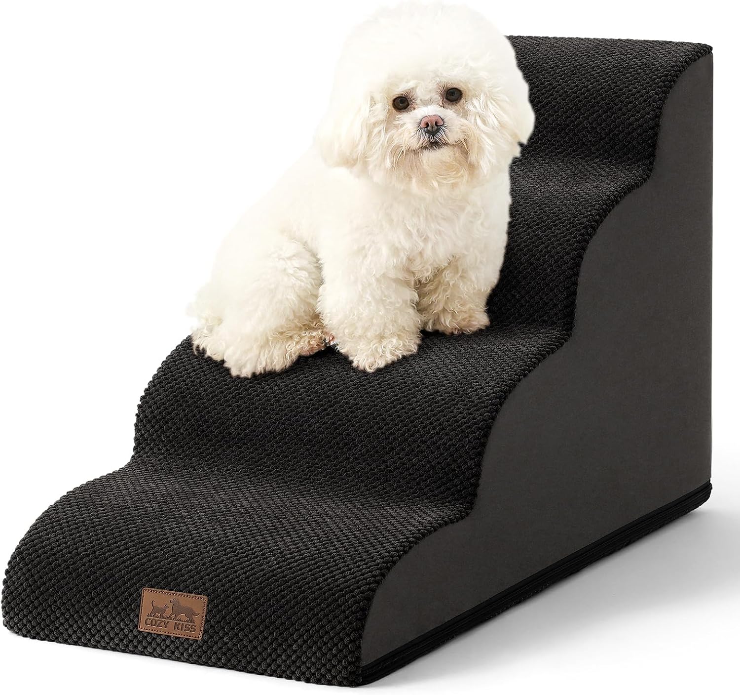 Detalle de COZY KISS 4-Step Dog Stairs for Small Dogs with Leakproof Cover, Curved Pet Step Ramp (Black)