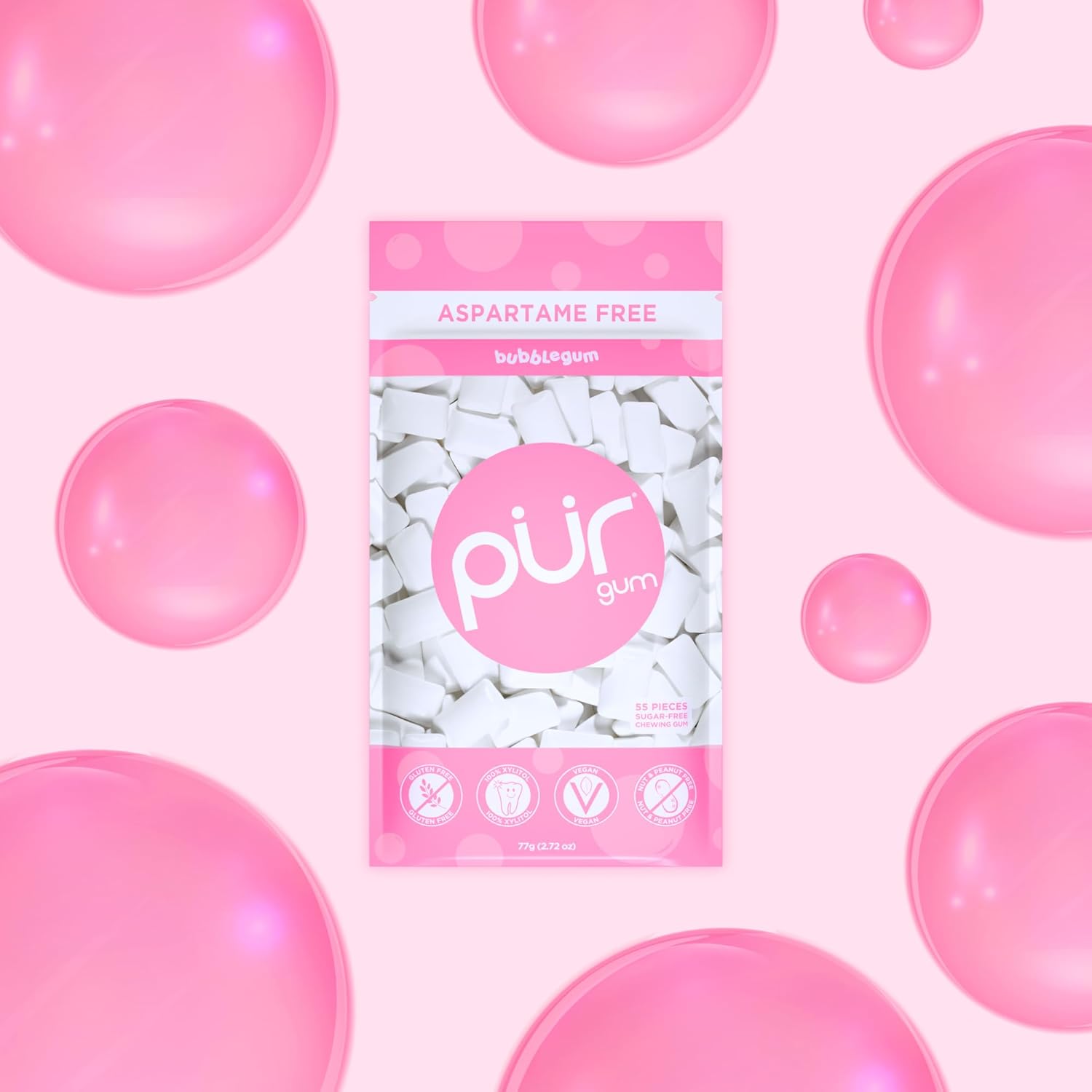 Detalle de PUR Gum: Gomma Da Masticare Senza Zucchero, Bubblegum, 55 pezzi (Confezione da 3) - Vegana e Senza Glutine