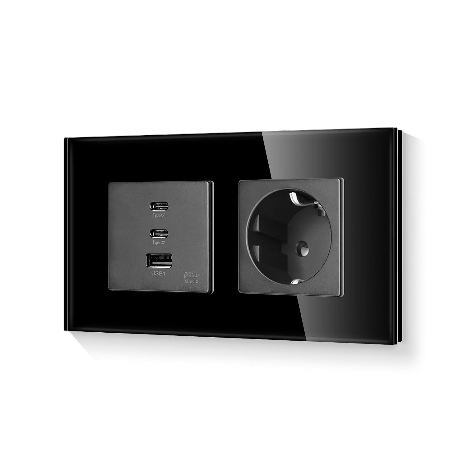 Detalle de LIAONFOY Schuko Einzelsteckdose mit Super Fast Charging (3 Ports, 65 W, Glasrahmen) – 100–240 V