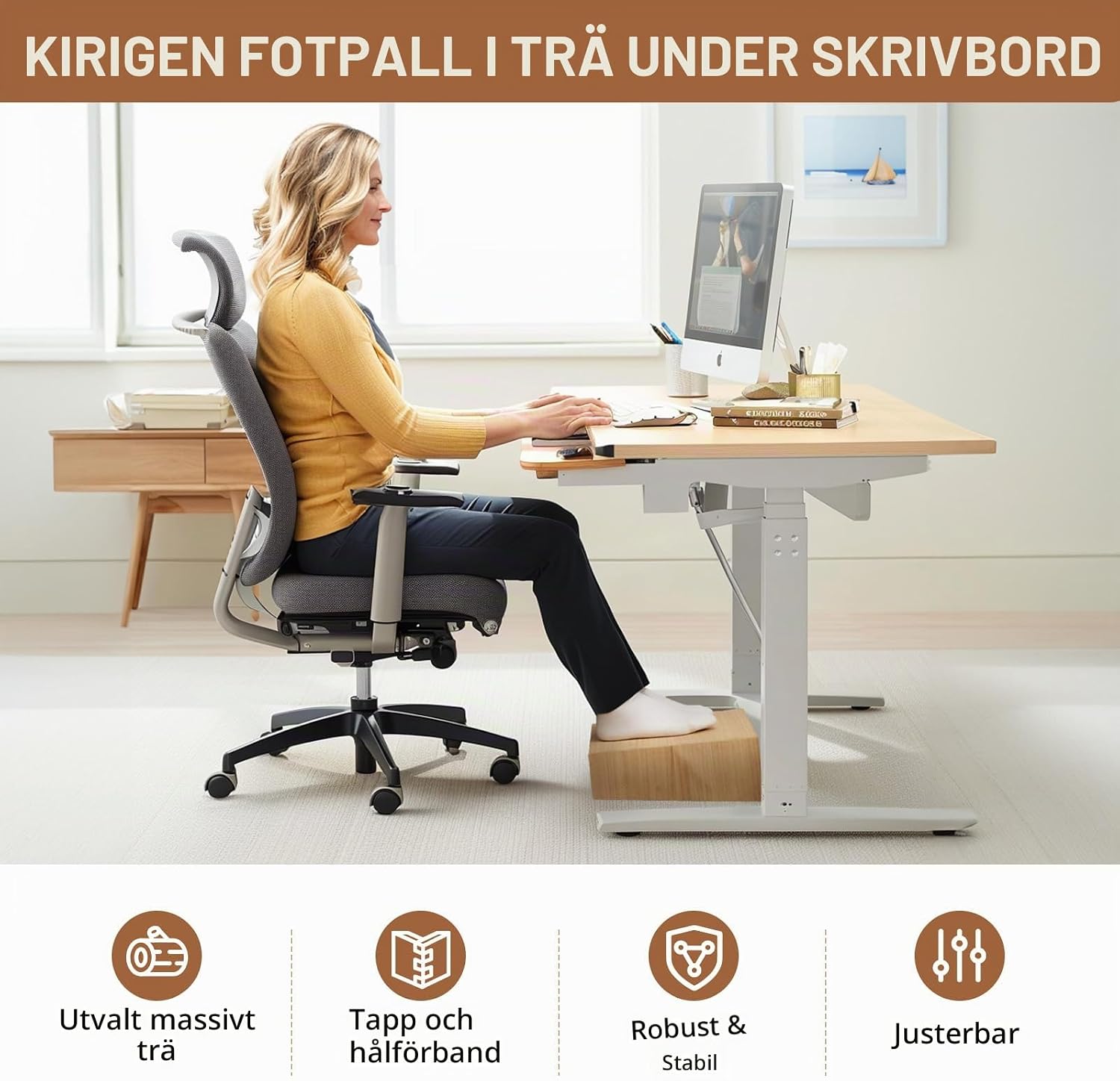 Detalle de KIRIGEN TT-NA fotstöd i naturligt trä, höjdjusterbart 0–3 cm