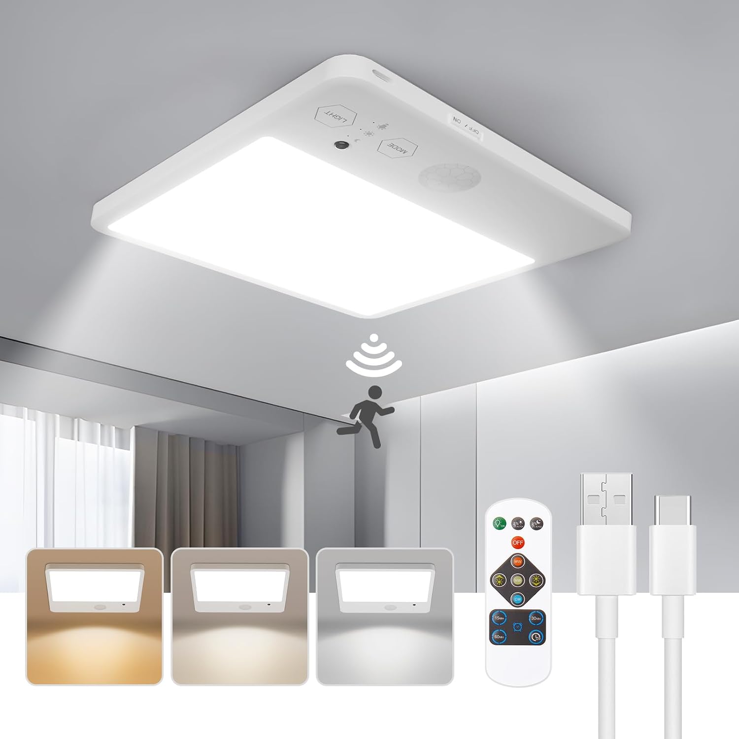 Detalle de Tnight Motion Sensor Ceiling Light, 6.4-Inch Rechargeable LED with Remote