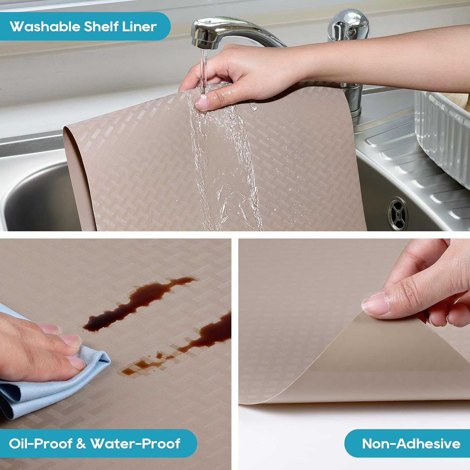 Detalle de Beige EVA Shelf Liners for Kitchen Cabinets and Refrigerator (35.4 x 236.2 Inches)