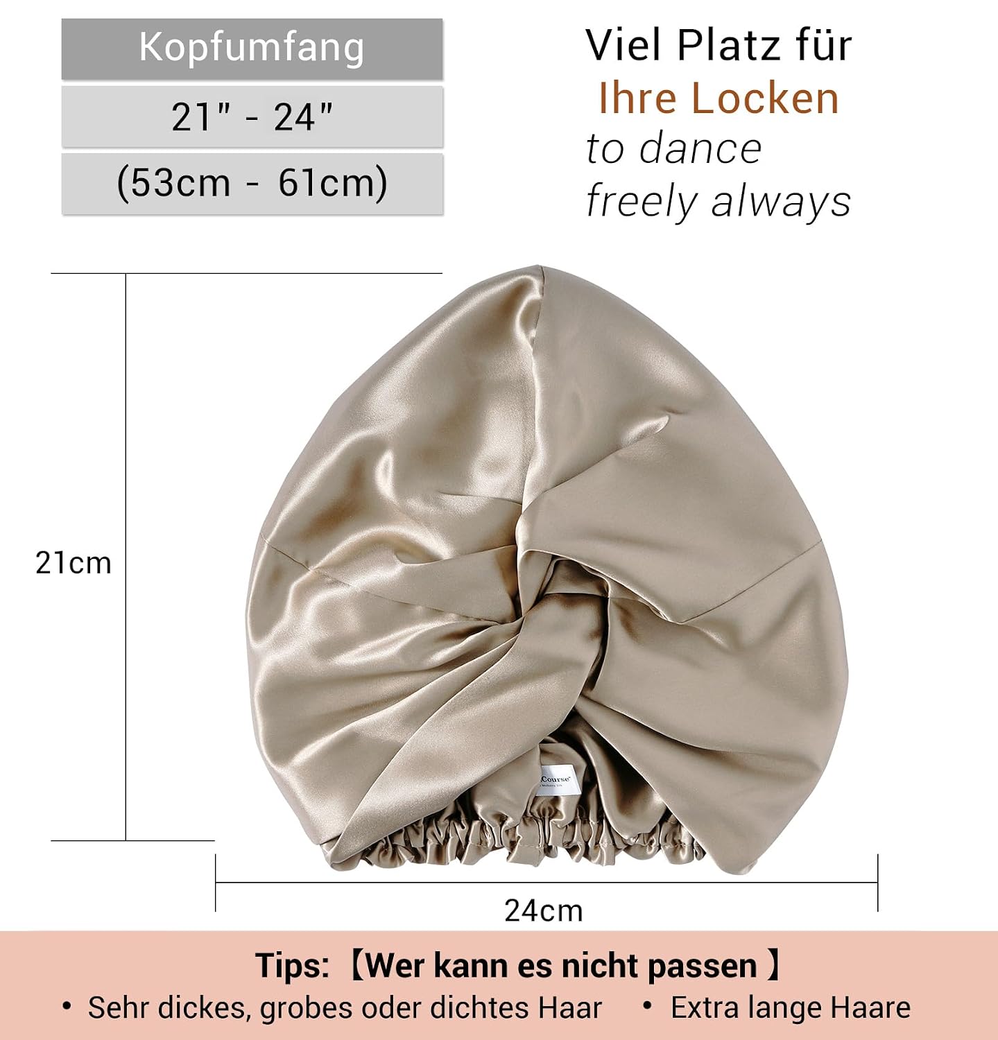 Detalle de LaCourse Rutschfeste Verstellbare Echte 22 Momme Seidenhaube aus 100% Maulbeerseide (Karamell) – Schlafhaube für gesundes Haar