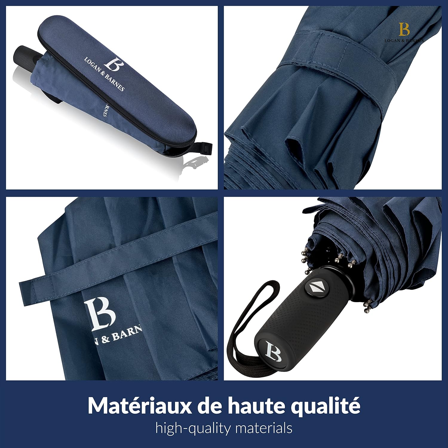 Detalle 1 de LOGAN & BARNES Parapluie Boston: résistant aux tempêtes jusqu’à 140 km/h, compact et automatique
