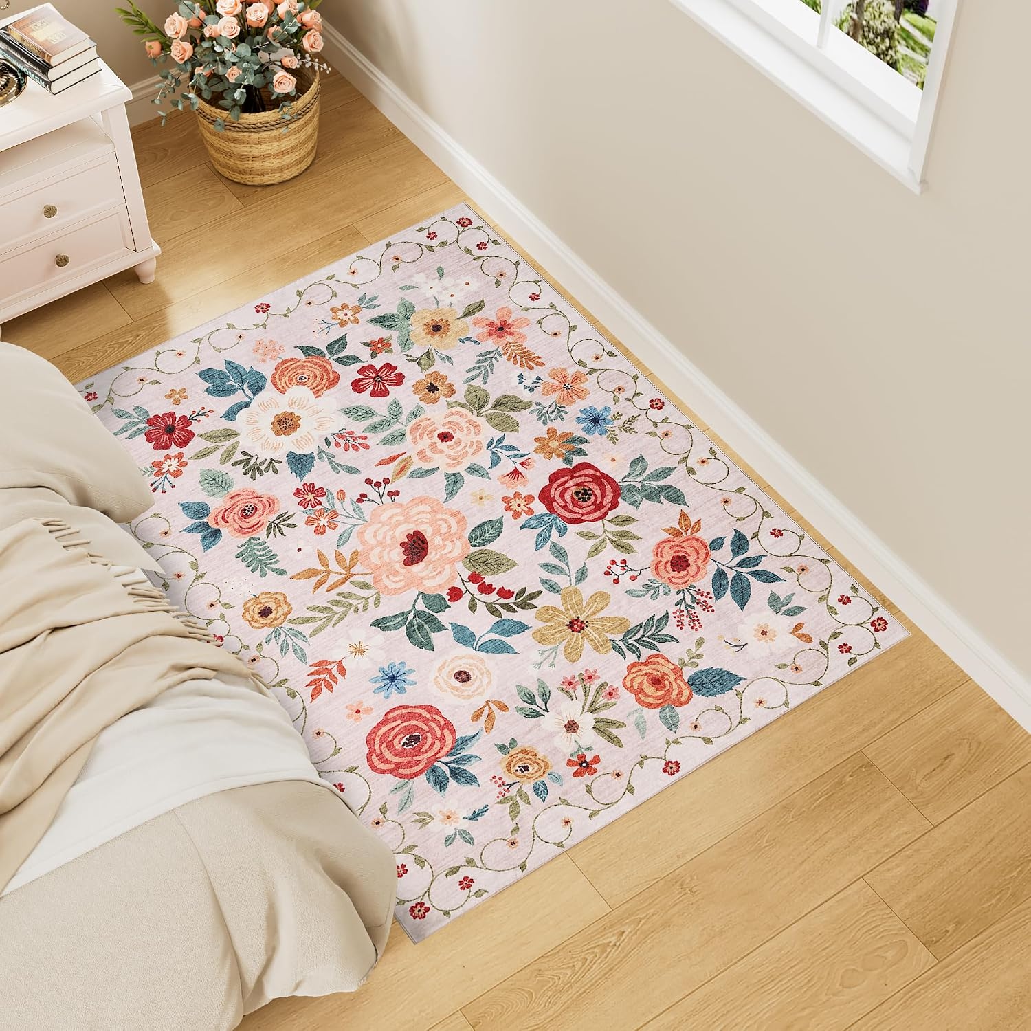 Detalle de DUKINO 3x4 Floral Area Rug, Low Pile Beige 🏠
