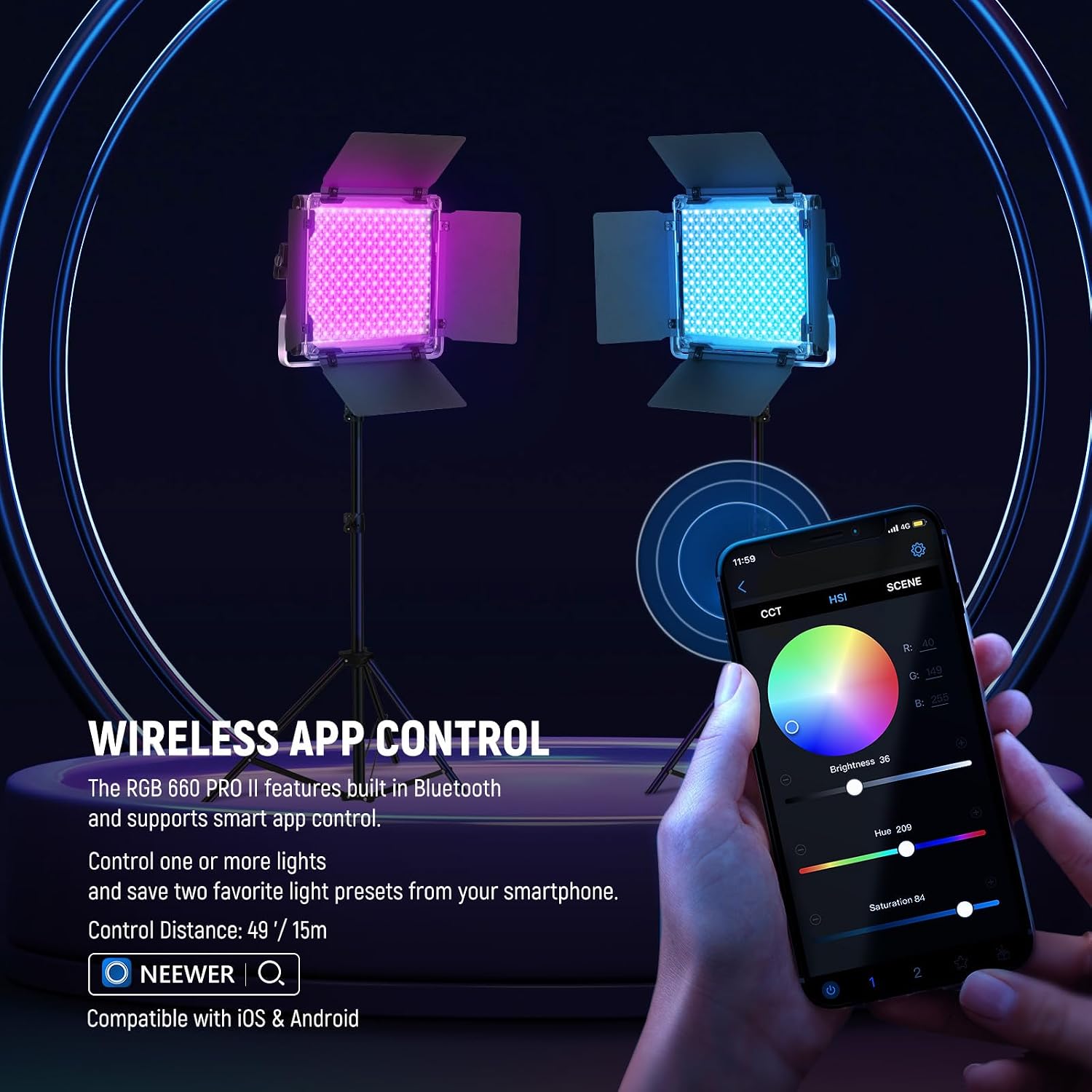 Thumbnail 3 de NEEWER RGB660 PRO II Upgraded RGB LED Studio Video Light Kit with Tripod Stand (50W, CRI97+, 3200–5600K, App Control)