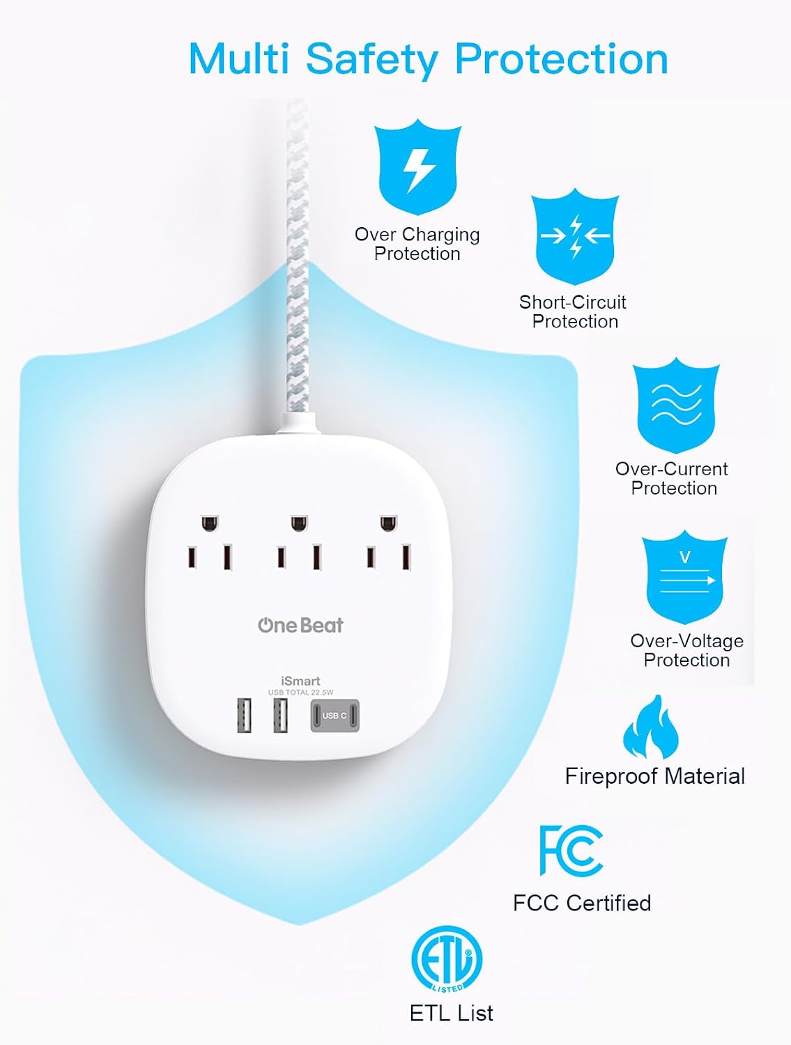 Thumbnail 6 de One Beat 10 Ft Surge Protector Power Strip, 3 Outlets and 4 USB Ports