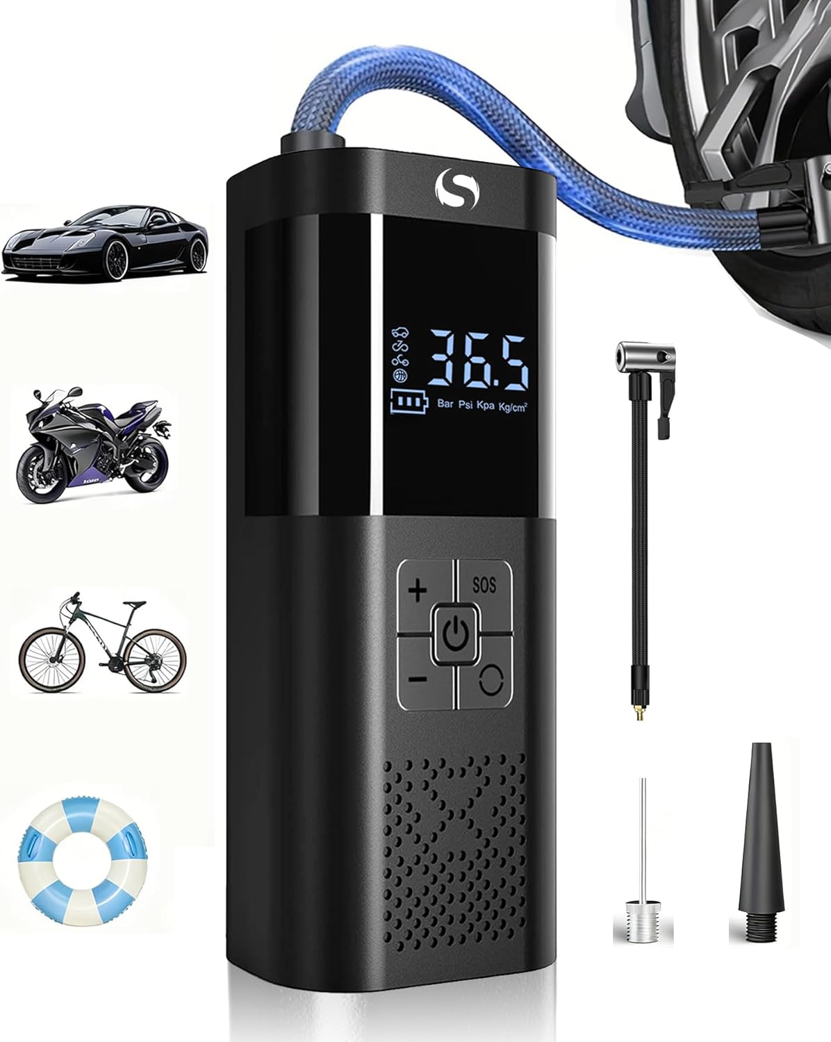 Detalle de SERVOMASTER Elektrische Luftpumpe Akku-Kompressor bis 150 PSI mit Auto-Stopp, Digital-Display & LED-Licht
