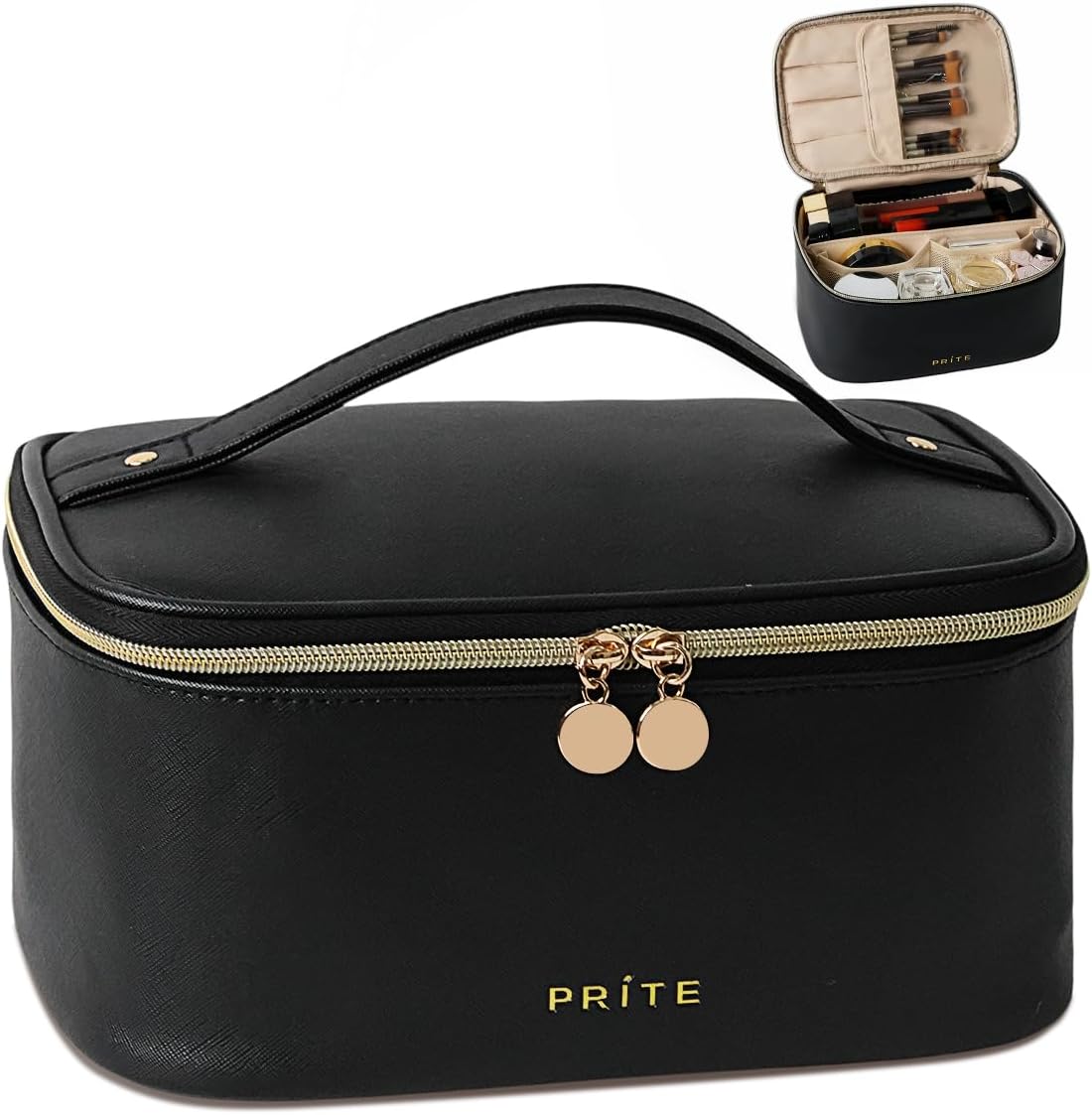 Detalle de Prite große Kosmetiktasche für Damen (24 x 16,5 x 12 cm) mit Griff und abnehmbarem Trenner – schwarz