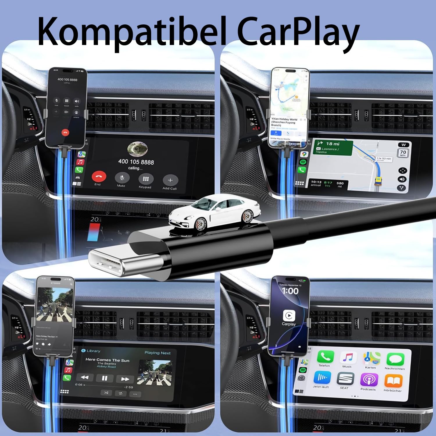 Thumbnail 1 de USB-C CarPlay Ladekabel 1 m (USB-A auf USB-C) 2er-Set für iPhone & Galaxy – Auto-Schnellladekabel