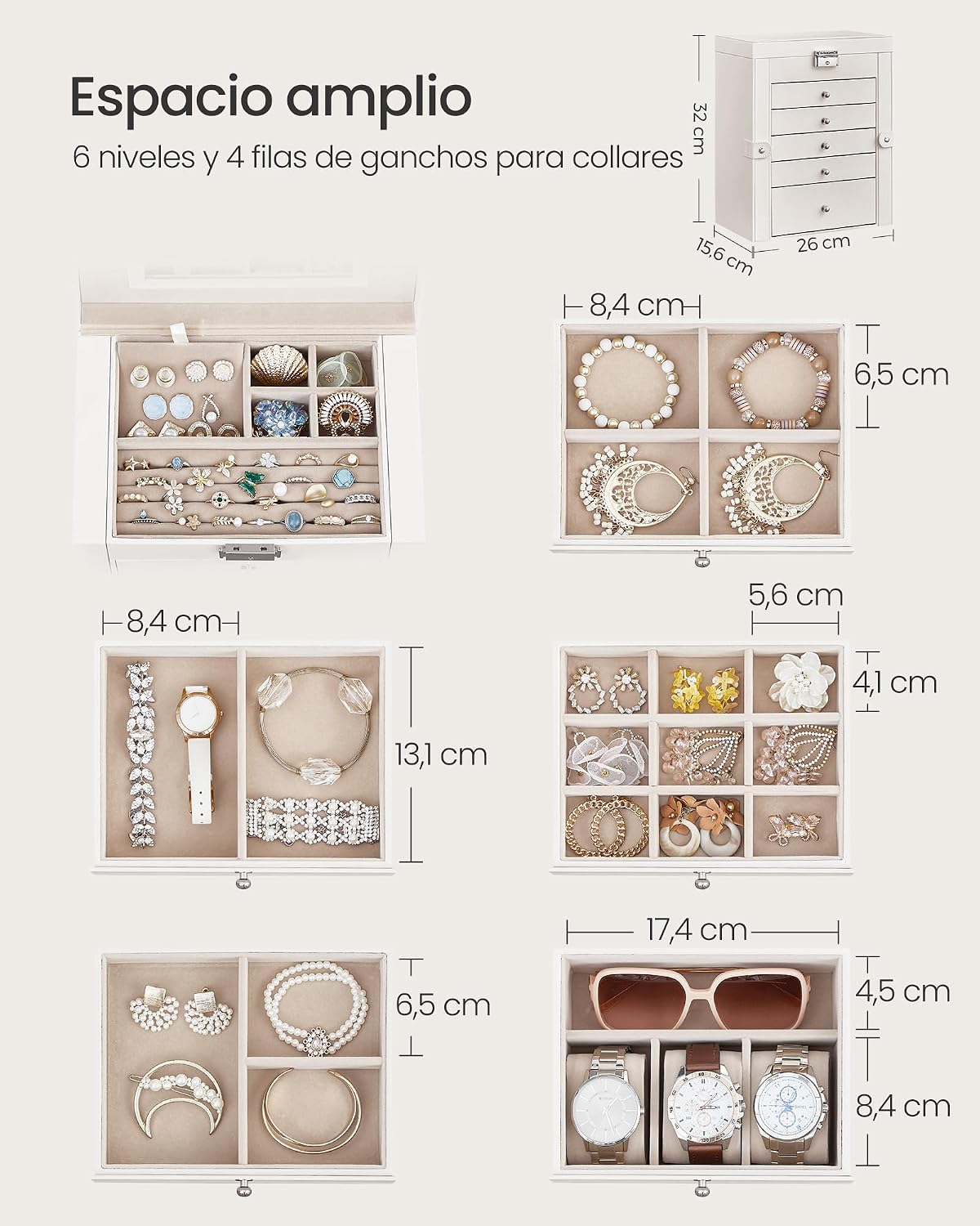 Thumbnail 2 de SONGMICS Caja Joyero de 6 niveles JBC152W01 con 5 cajones, espejo y cerradura